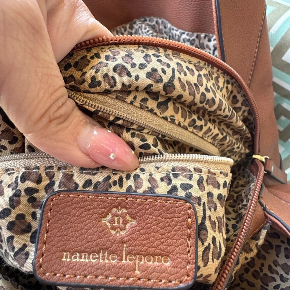 Nanette Lepore Pebbled Leather Tassel Tote Brown Boho Chic Animal Print Classic - Picture 2 of 14